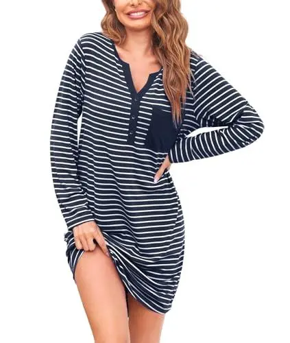 Produktbild: Ekouaer Nachthemd Damen Langarm Stitch V-Ausschnitt Nachtwäsche Knopf Nachtkleid Weich und Leicht, Dunkelblau gestreift, L