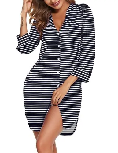 Produktbild: Ekouaer Nachthemd Damen Langarm Knöpfe Schlafshirt Hausanzug V-Ausschnitt Damen 3/4 Ärmel Sexy Nachtwäsche Winter, Dunkelgraue Streifen XL