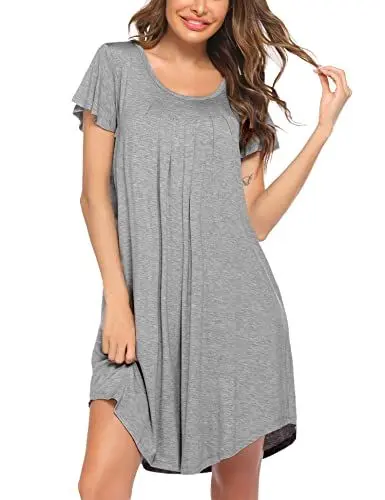 Produktbild: Ekouaer Atmungsaktive Nachthemd Damen Kurzarm Schlafkleid Damen Rundhals Knielang Große Größen Nachthemden, Grau, L