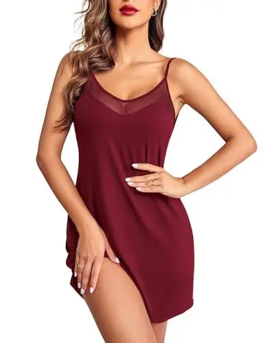 Produktbild: Ekouaer Nachthemd Damen Sexy Negligee V-Ausschnitt Schlafshirt Nachtkleid Unterkleid Verstellbarer Schultergurt Sleepwear,Weinrot,S