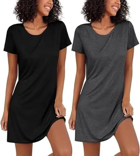 Produktbild: Ekouaer Nachthemd Damen Multipack Sleepshirt Kurzarm Nachtwäsche Schlafhemd Leicht Schlaf Longshirt Damen, Grau+Schwarz, L