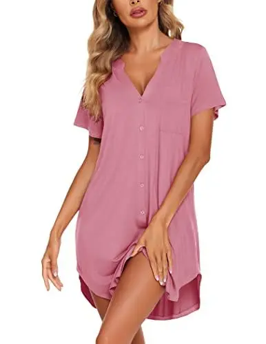 Produktbild: Ekouaer Nachthemden Damen Kurzarm Baumwolle Schlafkleid V-Ausschinitt Nachthemd Sexy Schlafshirt Sommer Nachtwäsche mit Knöpfe, Rosa, XL