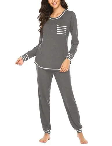 Produktbild: Ekouaer Nachtwäsche Damen Set Langarm Pyjama Set Zweiteiliger Rundhals Herbst Winter Schlafanzug Sleepwear Soft Loungewear Oberteil und Schlafanzughose Mittelgrau XL