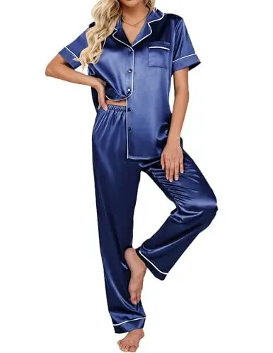 Produktbild: Ekouaer Pyjama Damen Satin Schlafanzug Damen Pyjama Damen Hausanzug Damen Pyjamas Set Zweiteiler Damen Elegant Hausanzug,Blau,S