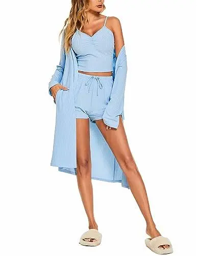 Produktbild: Ekouaer Pyjama Set Damen 3-Teiliger Schlafanzug Sexy Negligee Nachtwäsche Cami-Top & Kurzhose & Morgenmantel blau L