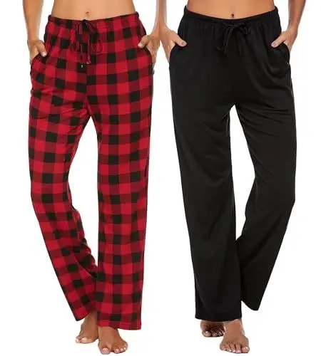 Produktbild: Ekouaer Pyjamahose Damen Lang Baumwolle Schlafanzughose Nachtwäsche Lange Freizeit Hose mit Taschen und Kordelzug Jogginghose Damen Rot Schwarz XXL