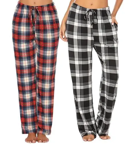 Produktbild: Ekouaer Schlafanzughose Damen Lang Pyjamahose Karierte Nachtwäsche Hose Freizeithosen Hausehose Pyjama für Sport Jogging Training Yoga mit Taschen und Kordelzug Weite Hose Damen Rot Schwarz Weiß M