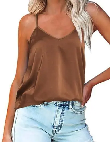 Produktbild: Ekouaer Satin Top Damen Damen Satin Tank Top Strap Basic Cami Läsiges V-Ausschnitt Cami Ämellose Blusen Braun XL