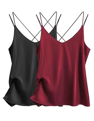 Produktbild: Ekouaer Satin Top Damen Elegant Blusentop Sexy Unterhemd Ärmellos Verstellbarer Spaghetti Strap Basic Top 2pcs, Schwarz+Weinrot, XL