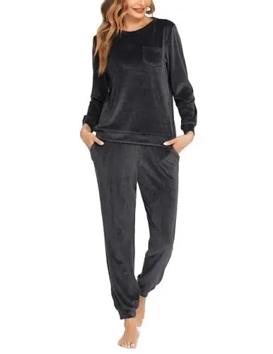 Produktbild: Ekouaer Schlafanzüge Damen Lang Rundhals Velour Winter Pyjama Set Warm Hausanzug mit Taschen Zweiteiliger Freizeitanzug Grau M