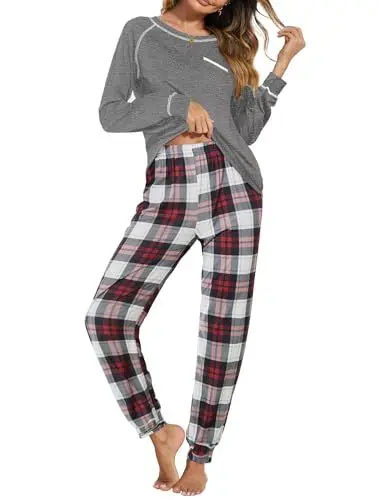 Produktbild: Ekouaer Schlafanzug Damen Baumwolle Lang Pyjama Set Langarm Sleepwear mit Rundhals Kariert Dunkelgraue
