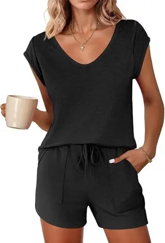 Produktbild: Ekouaer Schlafanzug Damen Kurz Pyjama Baumwolle Ärmellos Pyjamas Set Nachtwäsche Zweiteiliger mit Shorty Pyjamahose und V Aussschnitt Shirt Elastischer Bund Taschen Sleepwear für Sommer Schwarz L