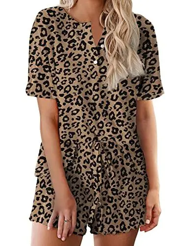 Produktbild: Ekouaer Schlafanzug Damen Kurz Pyjama Baumwolle Nachtwäsche Top und Schlafshorts Zweiteiliger Schwarzer Leopardenmuster S