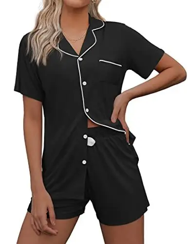 Produktbild: Ekouaer Schlafanzug Damen Baumwolle Kurz Pyjama Set Damen Kurzarm Schlafanzüge für Frauen Sommer Zweiteiliger mit Knöpfen und Taschen,Schwarz,M