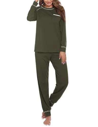 Produktbild: Ekouaer Schlafanzug Damen Lang Baumwolle Pyjama Set Langarm Schlafanzüge für Frauen Winter Zweiteiliger Armeegrün