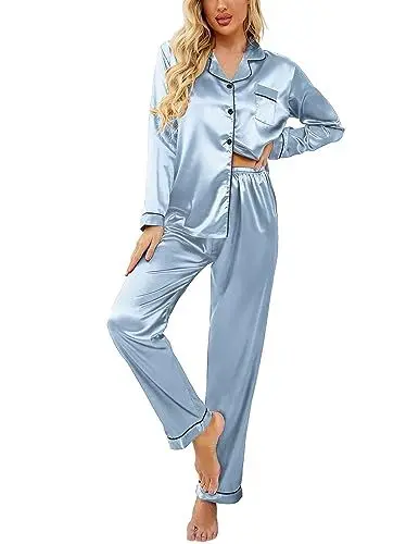 Produktbild: Ekouaer Schlafanzug Damen Lang Pyjama Damen Lang Pyjamas Set Zweiteiler Damen Elegant Hausanzug,Blau,M