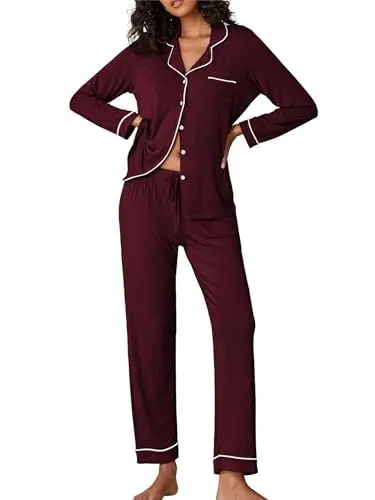 Produktbild: Ekouaer Schlafanzug Damen Lang Pyjama Set Zweiteiliger Damen Schlafanzug Knopfleiste V-Ausschnitt Sleepwear Oberteil und Pyjamahose Rotwein S