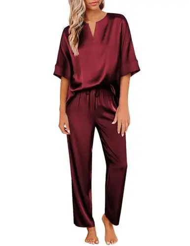 Produktbild: Ekouaer Schlafanzug Damen Lang Zweiteiler Satin Pyjama Set Sommer Nachtwäsche Hausanzug Sleepwear mit Kordelzug,Weinrot,M