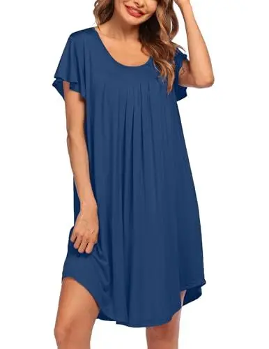 Produktbild: Ekouaer Nachthemd Damen Sexy Schlafshirt Kurzarm Weiche Rundhals Nightgown Falten Knielang Große Größen Nachtkleid, Marineblau, M
