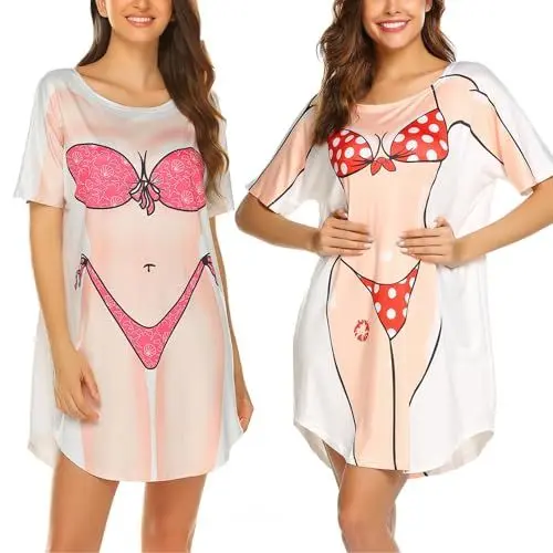 Produktbild: Ekouaer Strandkleid Damen 2pcs Sexy Sommer Bikini Cover Up Strandponcho Leicht Bademode Strand Shirt Bikinibluse Zweiteiler, Rosa+rot, L