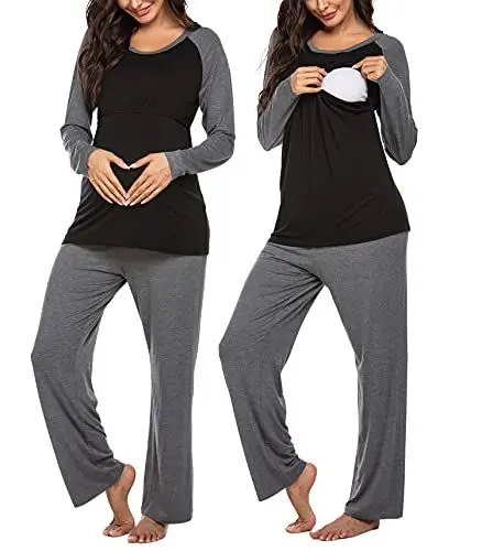 Produktbild: Ekouaer Stillschlafanzug Damen Umstandsschlafanzug Still Pyjama Lang Krankenhaus Schwangerschaft Sets Stillmode 1 Schwarz/Grau XXL