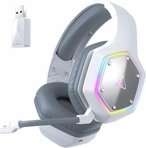 Produktbild: EKSA Wireless Headset mit Mikrofon, 2.4 GHz USB Dongle Gaming Headset Kabellos, 7.1 Surround Sound Klare Hörposition, ENC & RGB Gaming Kopfhörer, 36 Hour Lange Akkulaufzeit für PC, PS4, PS5,Weiß