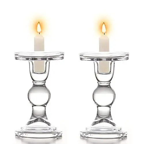 Produktbild: eKsdf 2 Stück Klarglas Kerzenhalter Stumpenkerzen Stabkerzen Kerzenständer Teelichthalter Tischdeko für Hochzeit Esstisch Abendessen Weihnachten Party (14cm Höhe)