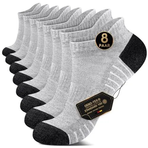 Produktbild: EKSHER 8 Paar Sportsocken Herren 43-46 Cushioned Sneaker Socken Damen Kurze Laufsocken Tennissocken Wandersocken Frotteesohle Baumwolle Halbsocken Atmungsaktive Hellgrau