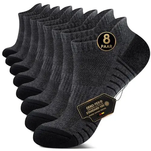 Produktbild: EKSHER Sneaker Socken Herren 39-42 Damen Cushioned Sportsocken Kurze Laufsocken Frotteesohle Baumwolle Halbsocken Atmungsaktive 8 Paar Dunkelgrau