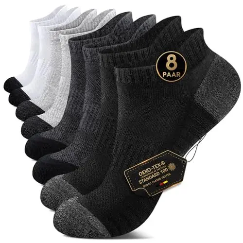 Produktbild: EKSHER Sneaker Socken Herren Damen 39-42 Cushioned Sportsocken Kurze Socken Frotteesohle Laufsocken Baumwolle Halbsocken Atmungsaktive 8 Paar Schwarz Weiß Dunkelgrau Hellgrau