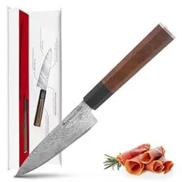 Produktbild: EKVALLY KÄPY Allzweckmesser kleines Santoku Damastmesser 14 cm Klinge - Damast Küchenmesser scharf - mit oktagonalem Palisander-Holzgriff