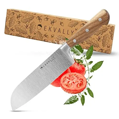 Produktbild: EKVALLY Vän Santoku Messer Kochmesser Küchenmesser asiatisches Chefmesser scharfes Edelstahlmesser rostfreies Kochmesser Fingerschutz Klinge 17,5cm Echtholzgriff in schöner Magnetbox