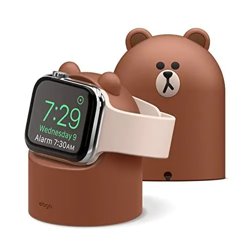 Produktbild: elago | LINE Friends W2 Ladestation Ständer Kompatibel mit Apple Watch Serie 10, 9, 8, SE2, 7, 6, SE, 5, 4, 3, 2, 1 Kompatibel mit Apple Watch Ultra 2 & 1 Nachttisch-Modus (Brown)