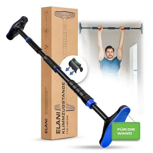 Produktbild: ELANI – Klimmzugstange für Wandmontage 115-140 cm - ohne Bohren - mit sicherem Halt & Wasserwaage - Pull Up Bar Flur | Klimmzugstange Decke & Reckstange Indoor, Pullup Bar für Klimmzüge