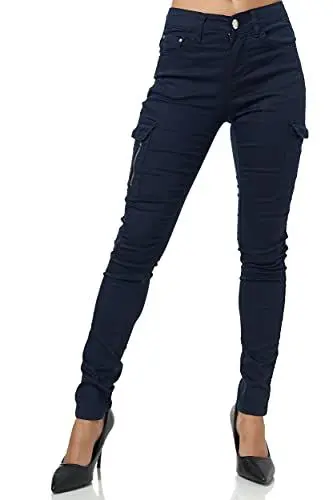 Produktbild: Elara Damen Cargo Jeans Slim Fit Seiten Taschen Chunkyrayan JEL001 Navy-34 (XS)