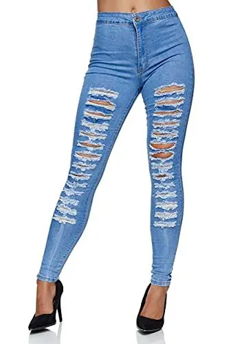 Produktbild: Elara Damen Jeans High Waist Destroyed Chunkyrayan 547-3 Hellblau-36 (S)