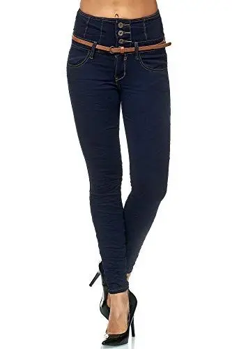 Produktbild: Elara Damen Jeans Skinny High Waist Hose mit Gürtel und Push Up Effekt Chunkyrayan 1577 Blue-38 (M)