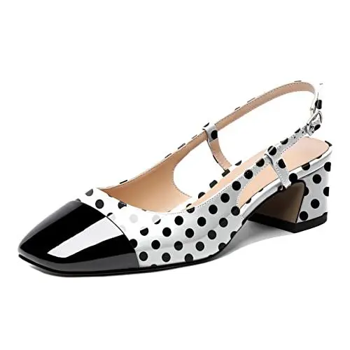 Produktbild: Elashe Damen Chunky Blockabsatz Slingback Pumps Eckige Zehe Niedriger Absatz Block Sandalen Slip-on Pump mit Knöchelriemchen 5CM Polka Punkte EU36