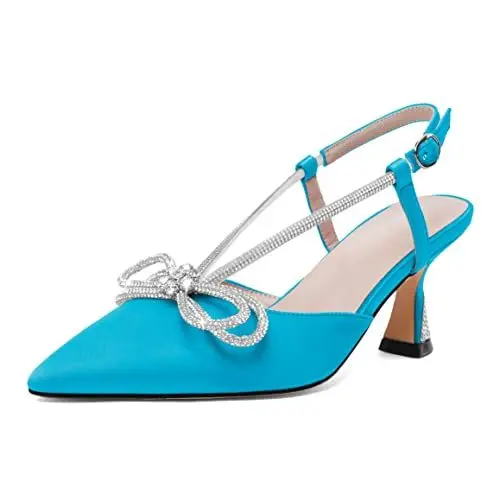 Produktbild: Elashe Damen Kitten Heels Niedriger Absatz Strass Knöchelriemen Absatz Slingback Sandalen für Party Schleifen Heeled Pumps Hochzeit Schuhe 6.5CM Satin Türkis EU40