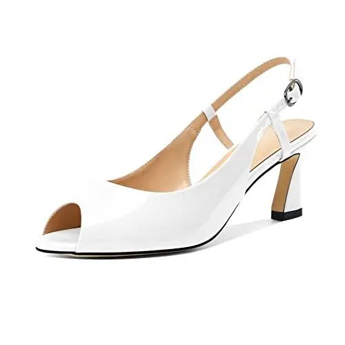 Produktbild: Elashe Damen Slingback Kitten Heels Niedriger Absatz Peep Toe Pumps Slingback Sandalen Kleid Schuhe Knöchelriemen Pump Hochzeit Büro Lackleder Schuhe 6.5CM Weiß EU41