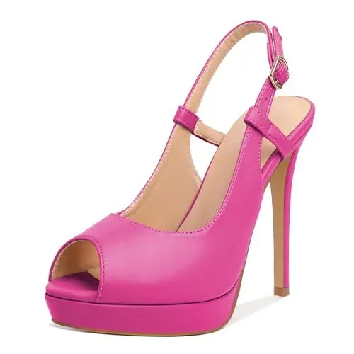Produktbild: Elashe Damen Slingback Pumps Peep Toe Plateau Sandalen Sexy High Heels mit Knöchelschnallen Stilettos 12 cm Heißes Rosa EU37