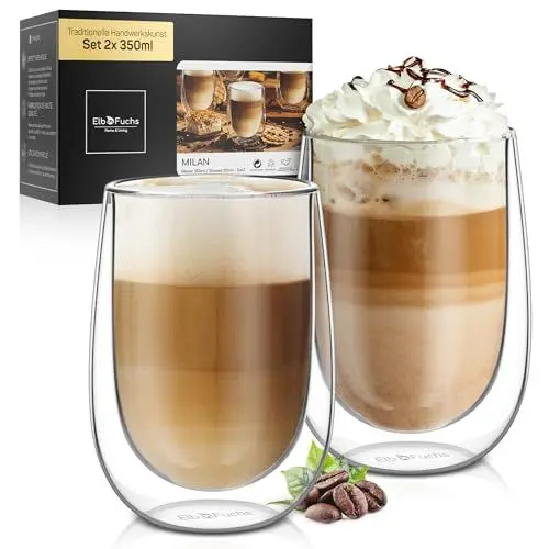 Produktbild: ElbFuchs® Doppelwandige Latte Macchiato Gläser Set (2x 350ml in GASTRO-QUALITÄT) Kristallklare Thermogläser doppelwandig | Ideal als Cappuccino Gläser | Kaffeegläser | Teegläser