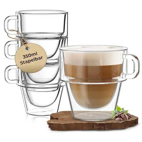 Produktbild: ElbFuchs® Doppelwandige Latte Macchiato Gläser Set (4x 350ml) STAPELBARE Thermogläser doppelwandig | Ideal als Cappuccino Tassen | Kaffeegläser | Teegläser