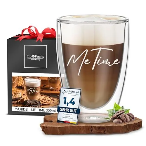 Produktbild: ElbFuchs® Doppelwandiges Latte Macchiato Glas | ME TIME |1x 350ml (PERFEKTE GESCHENKIDEE) Ideal als Thermoglas für Cappuccino | Kaffegläser | Teegläser
