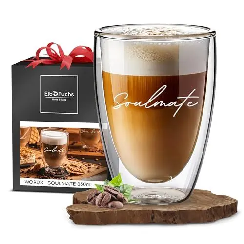 Produktbild: ElbFuchs® Doppelwandiges Latte Macchiato Glas | SOULMATE | 1x 350ml (GESCHENK FÜR DIE LIEBSTEN) Ideal als Geschenk für beste Freundin | Lieblingsmensch Geschenk | Glas mit Gravur