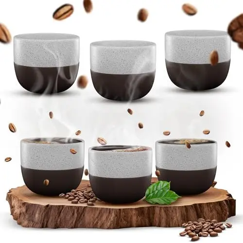 Produktbild: ElbFuchs® Espressotassen Set | 6x 120ml ( LIEBEVOLL HANDGEFERTIGT ) Stapelbare Espressobecher Keramik | Espressobecher ohne Henkel | Ausgefallene Espressotassen & Mokkatassen (weiß)