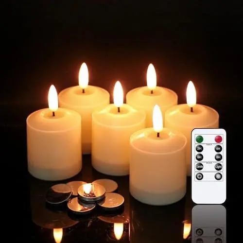 Produktbild: Eldnacele 6er Set wasserdichte flammenlose Kerzen mit Fernbedienung und Timer, Outdoor batteriebetriebene LED Kerzen aus Kunststoff für Kränze und Gedenklaternen, Ø 5 cm H 8 cm