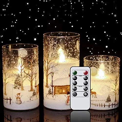 Produktbild: Eldnacele, LED-Stumpenkerzen im Glas mit Schneemann-Motiv, flackernd, flammenlos, mit Fernbedienung, Timer, batteriebetrieben, Echtwachs, 3 Stück, für Heim-Weihnachtsdekoration