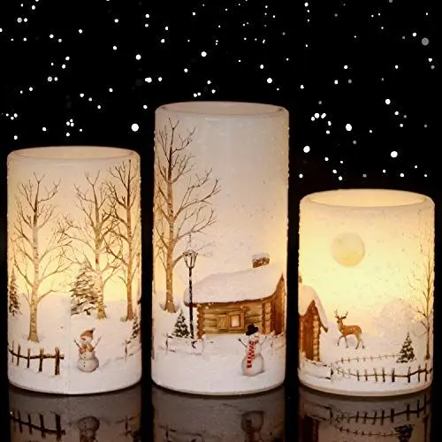 Produktbild: Eldnacele Flammenlose Weihnachtskerzen, flackernd mit 6-Stunden-Timer, Schneemann, echte Wachskerzen, LED-Lichter für Weihnachten, Heimdekoration, betrieben mit 2 AA-Batterien