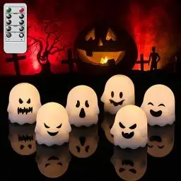 Produktbild: Eldnacele Halloween Dekoration Flammenlose Kerzen mit Fernbedienung und Timer, 6er-Pack Grimassen Geisterkerzen, Batteriebetriebene Weiße LED-Teelichter mit Dimmbarem Licht für Halloween Dekoration